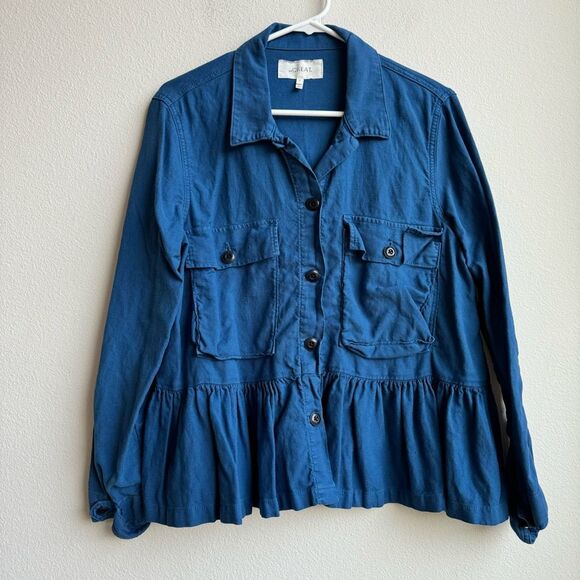 The Great. Flutter Army Jacket Utility Button Blue Cotton Linen Women's 3 Large - Picture 2 of 11